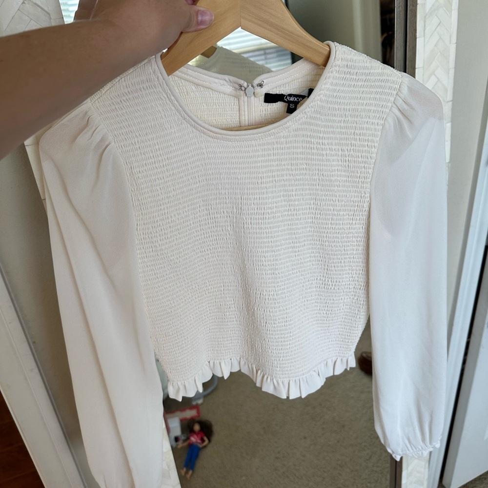 Quince Chiffon Cropped Smocked Cream Textured Blouse with Long Sleeves - Picture 2 of 8